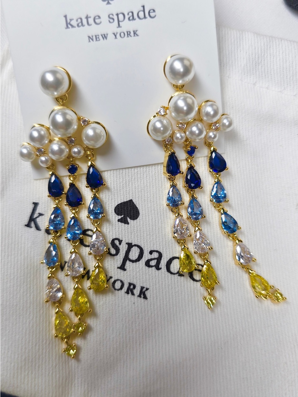 kate spade Cloud Pearl Drop Earrings with Blue and Yellow Teardrops